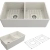BOCCHI Classico 33" Fireclay Farmhouse Apron 50/50 Double Bowl Kitchen Sink, Biscuit, 1139-014-0120