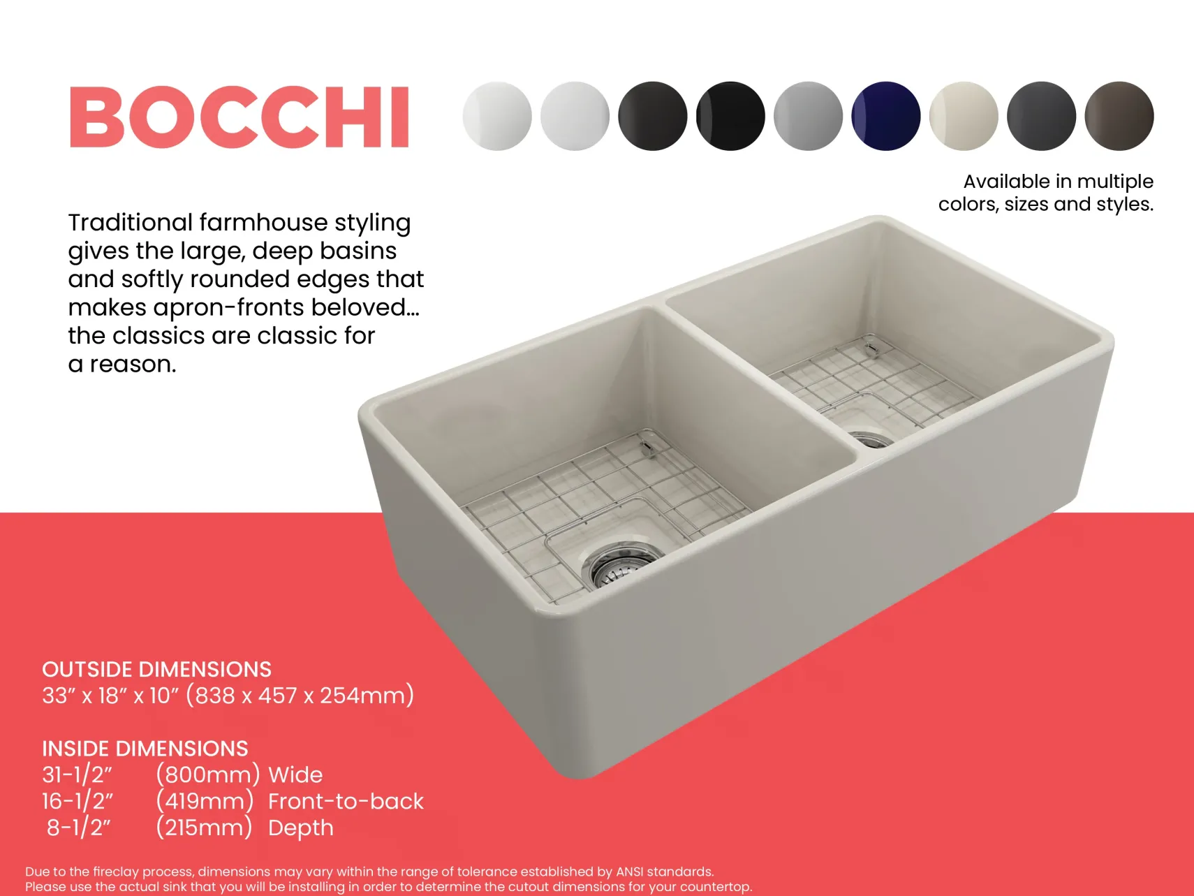 BOCCHI Classico 33" Fireclay Farmhouse Apron 50/50 Double Bowl Kitchen Sink, Biscuit, 1139-014-0120