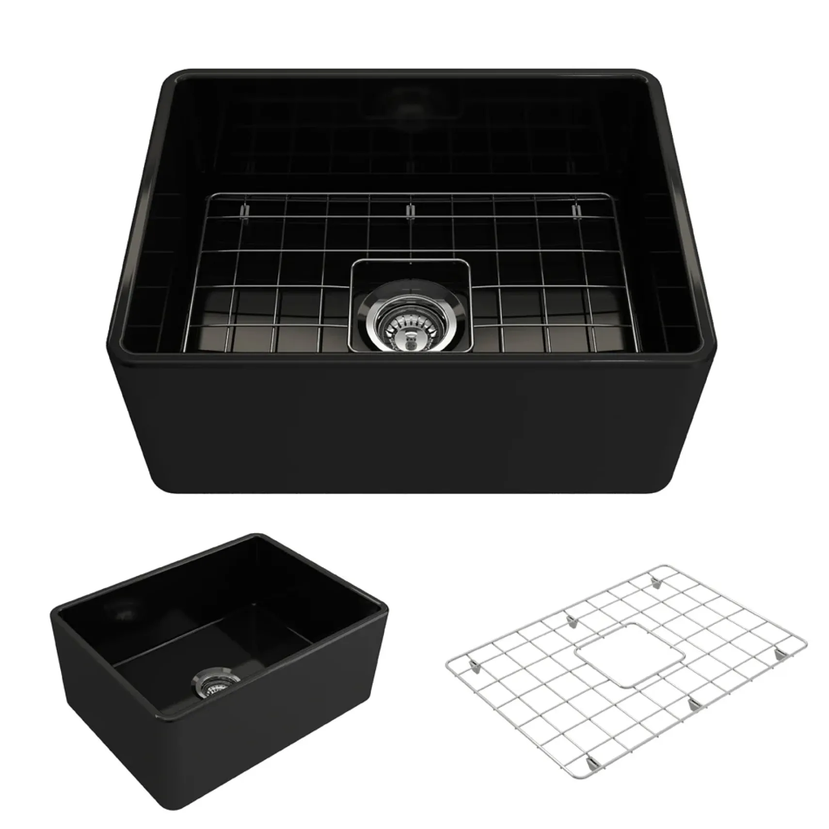 BOCCHI Classico 24" Fireclay Farmhouse Apron Single Bowl Kitchen Sink, Black, 1137-005-0120