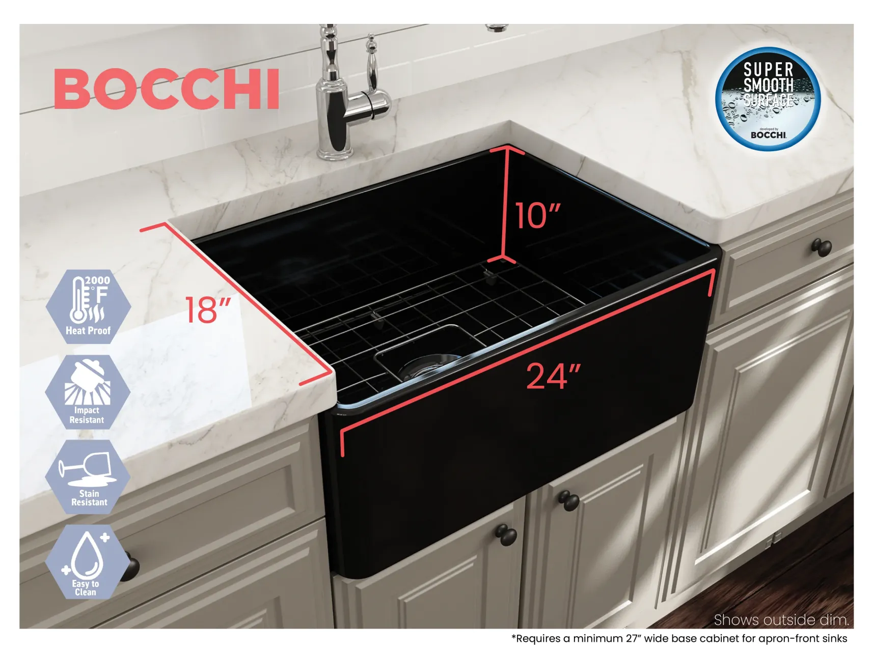 BOCCHI Classico 24" Fireclay Farmhouse Apron Single Bowl Kitchen Sink, Black, 1137-005-0120