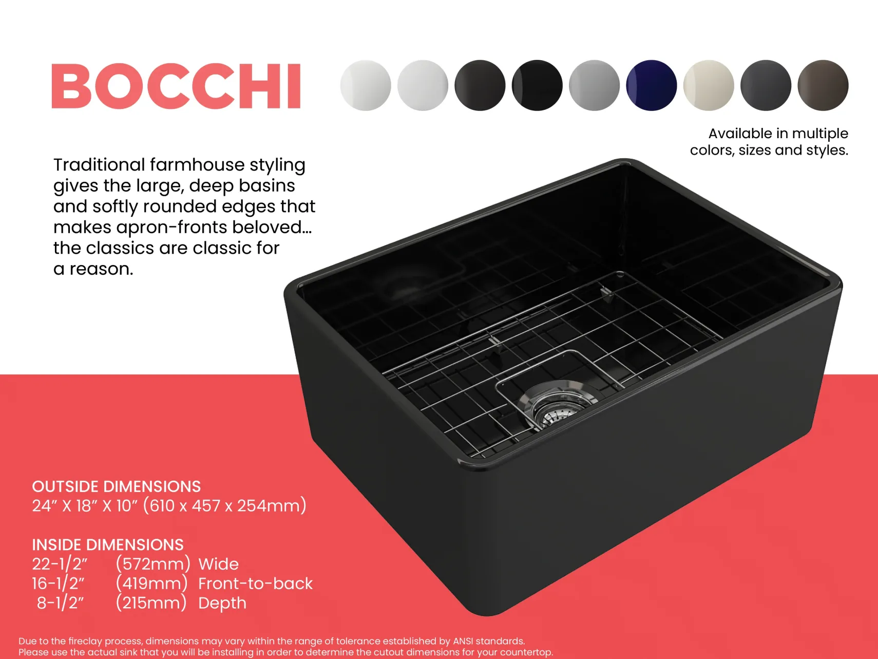 BOCCHI Classico 24" Fireclay Farmhouse Apron Single Bowl Kitchen Sink, Black, 1137-005-0120