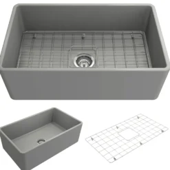 BOCCHI Classico 30" Fireclay Farmhouse Apron Single Bowl Kitchen Sink, Matte Gray, 1138-006-0120