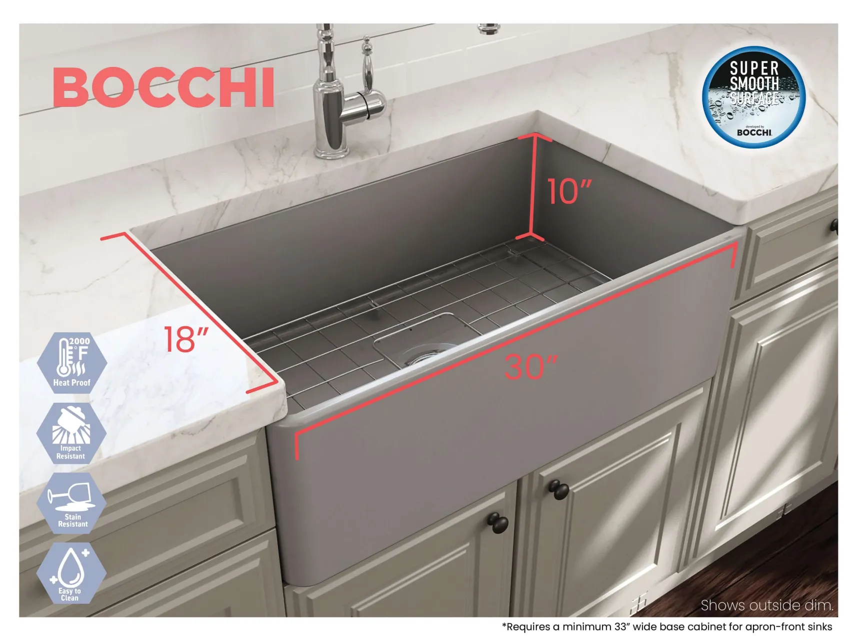 BOCCHI Classico 30" Fireclay Farmhouse Apron Single Bowl Kitchen Sink, Matte Gray, 1138-006-0120