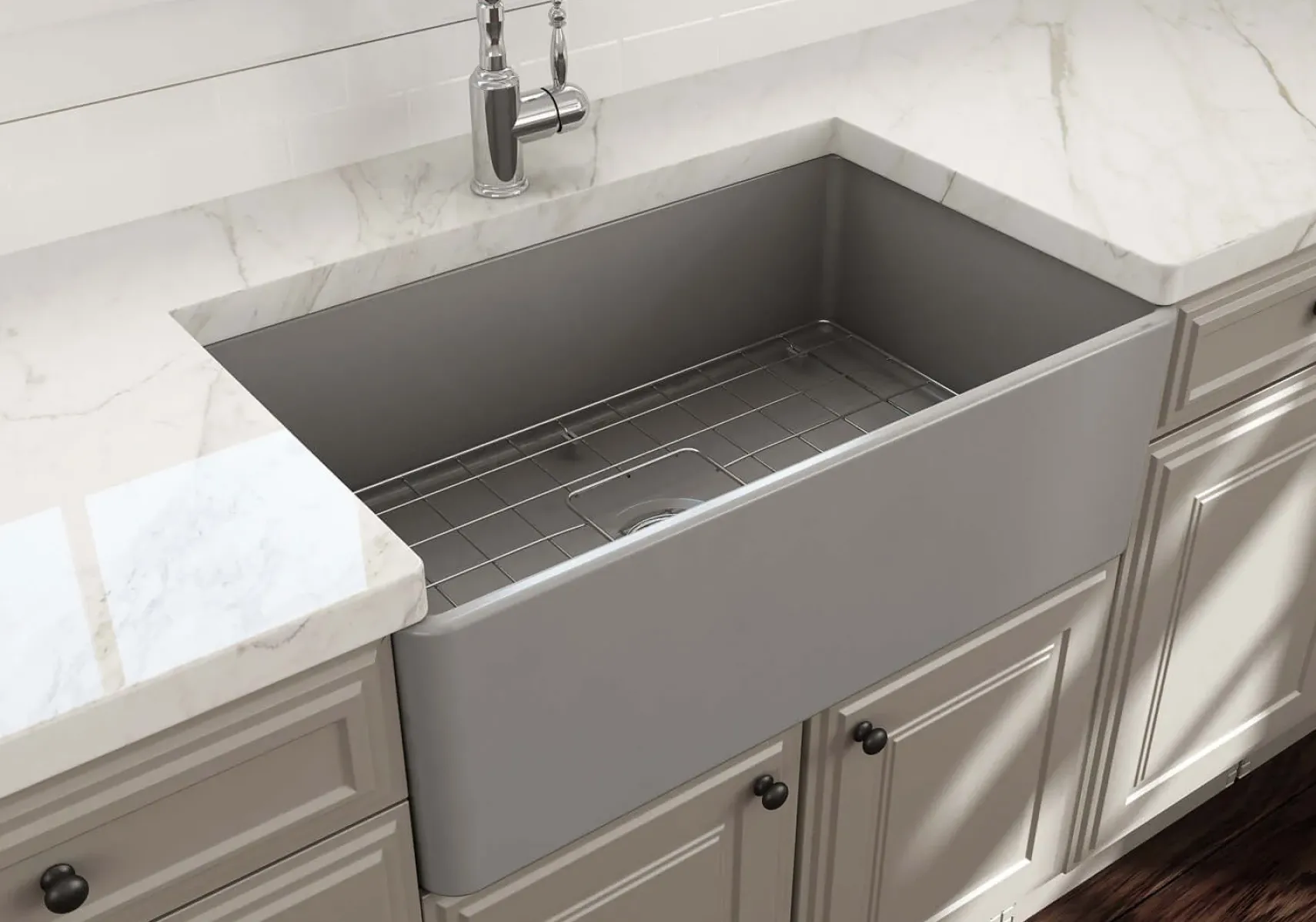 BOCCHI Classico 30" Fireclay Farmhouse Apron Single Bowl Kitchen Sink, Matte Gray, 1138-006-0120