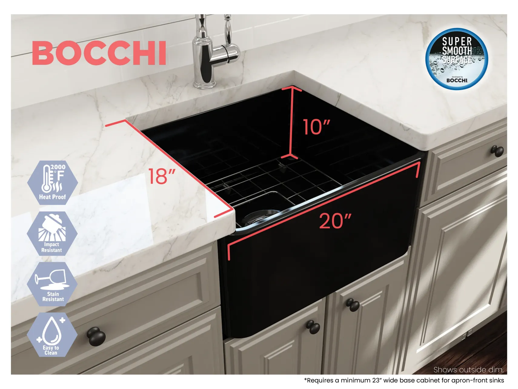 BOCCHI Classico 20" Fireclay Farmhouse Apron Single Bowl Kitchen Sink, Matte Black, 1136-004-0120