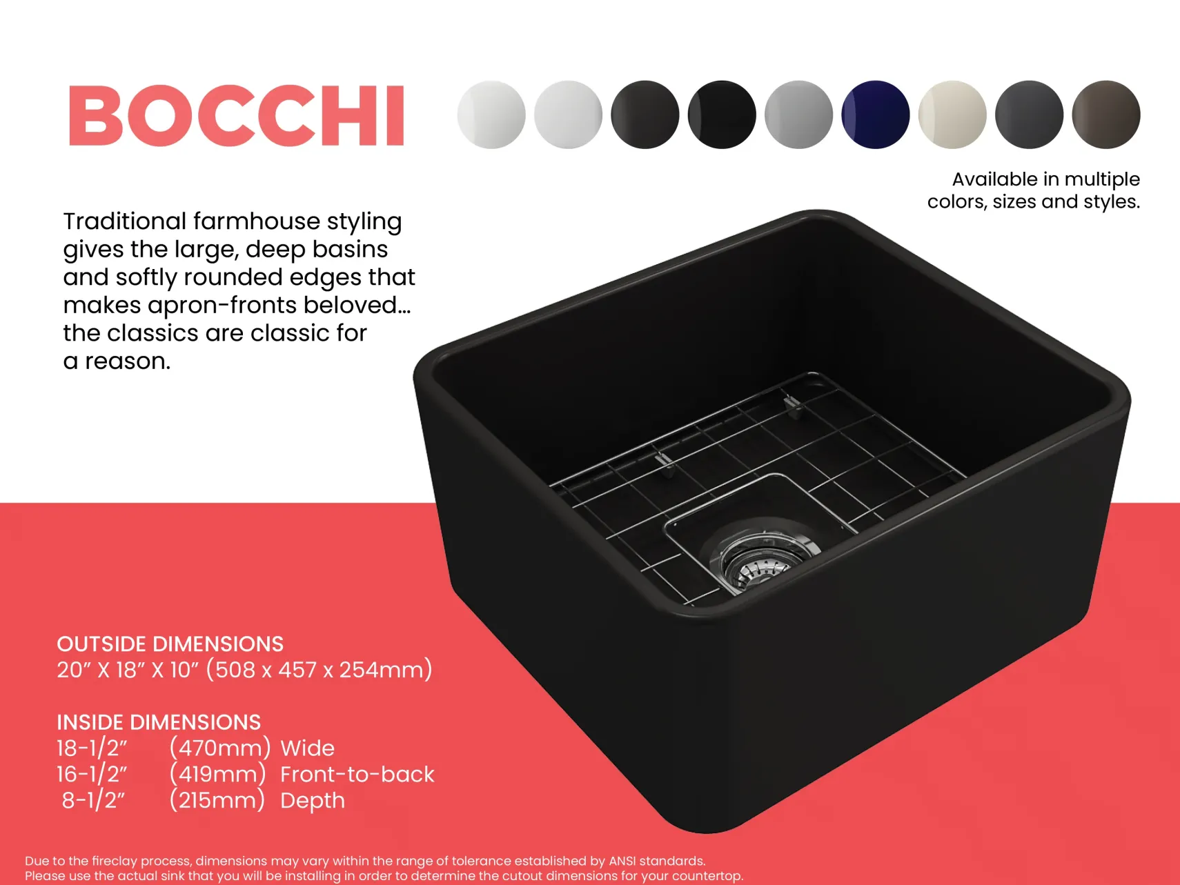 BOCCHI Classico 20" Fireclay Farmhouse Apron Single Bowl Kitchen Sink, Matte Black, 1136-004-0120