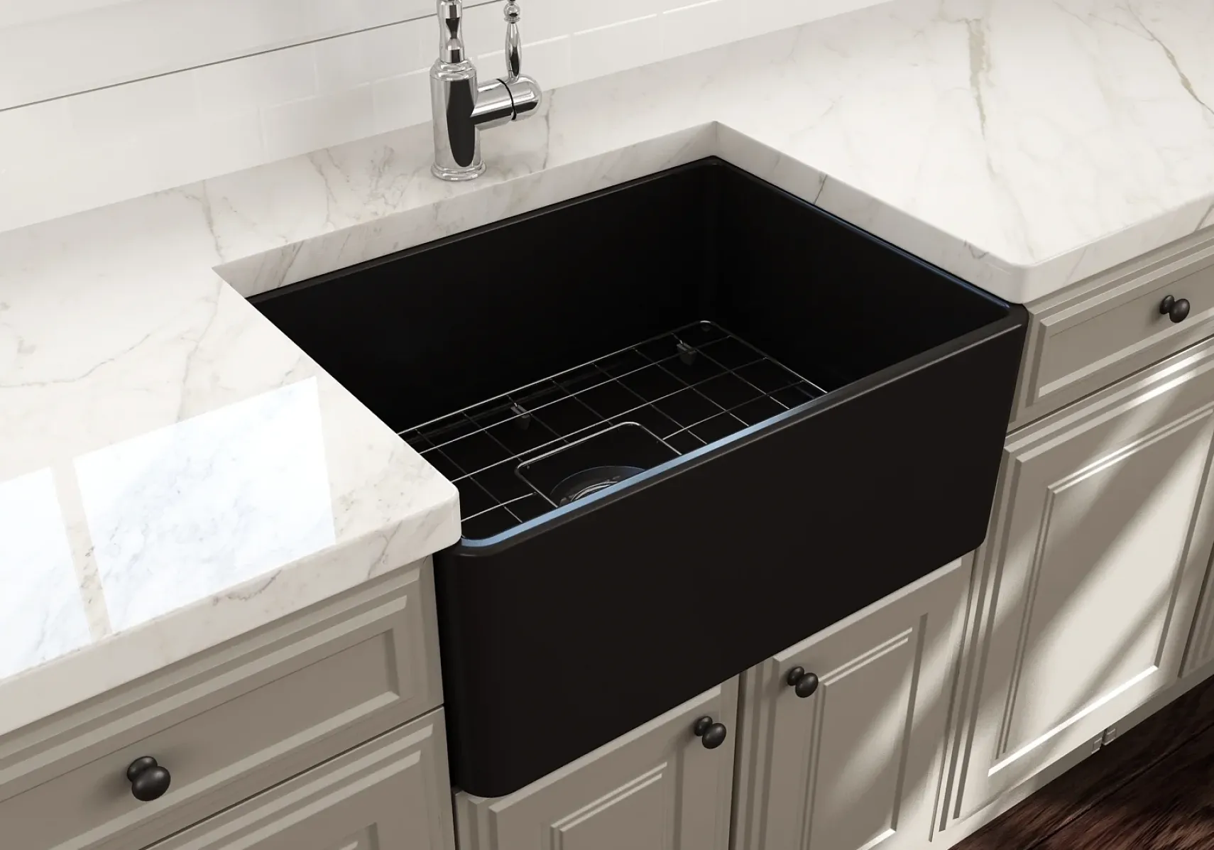 BOCCHI Classico 24" Fireclay Farmhouse Apron Single Bowl Kitchen Sink, Matte Black, 1137-004-0120
