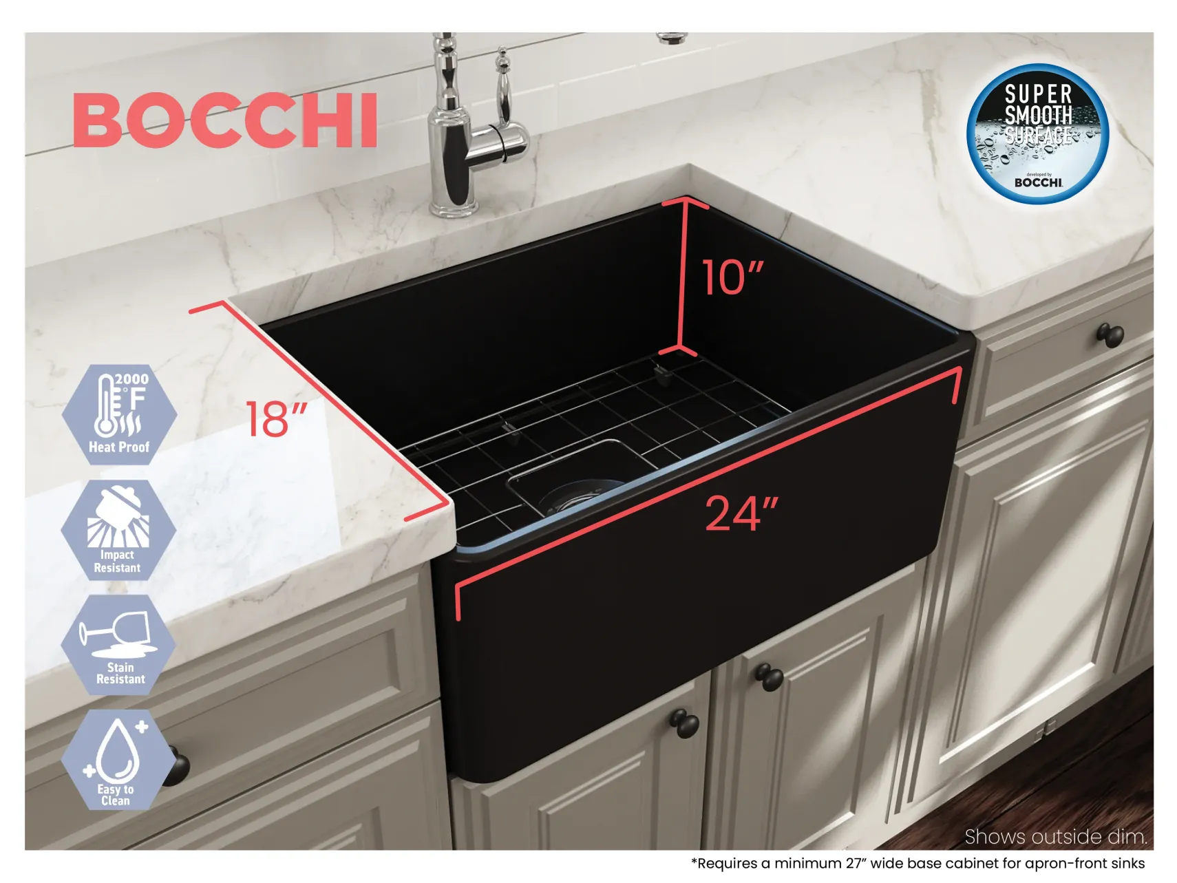 BOCCHI Classico 24" Fireclay Farmhouse Apron Single Bowl Kitchen Sink, Matte Black, 1137-004-0120