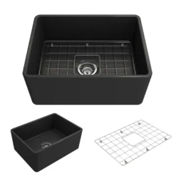 BOCCHI Classico 24" Fireclay Farmhouse Apron Single Bowl Kitchen Sink, Matte Dark Gray, 1137-020-0120