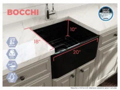 BOCCHI Classico 20" Fireclay Farmhouse Apron Single Bowl Kitchen Sink, Black, 1136-005-0120