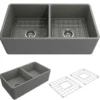 BOCCHI Classico 33" Fireclay Farmhouse Apron 50/50 Double Bowl Kitchen Sink, Matte Gray, 1139-006-0120