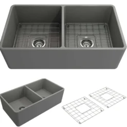 BOCCHI Classico 33" Fireclay Farmhouse Apron 50/50 Double Bowl Kitchen Sink, Matte Gray, 1139-006-0120
