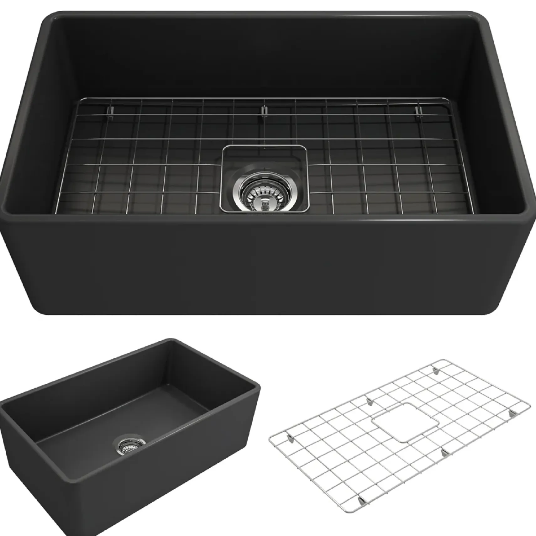 BOCCHI Classico 30" Fireclay Farmhouse Apron Single Bowl Kitchen Sink, Matte Dark Gray, 1138-020-0120