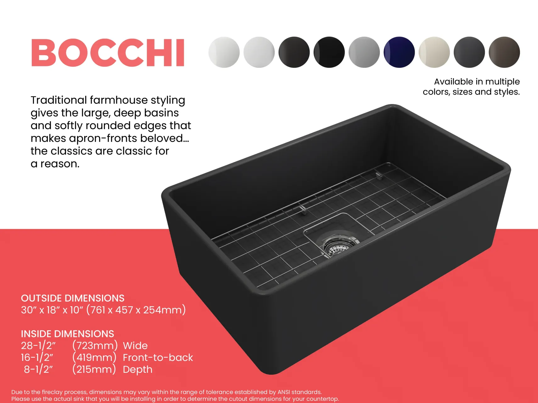 BOCCHI Classico 30" Fireclay Farmhouse Apron Single Bowl Kitchen Sink, Matte Dark Gray, 1138-020-0120
