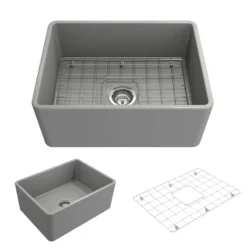 BOCCHI Classico 24" Fireclay Farmhouse Apron Single Bowl Kitchen Sink, Matte Gray, 1137-006-0120