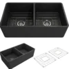 BOCCHI Classico 33" Fireclay Farmhouse Apron 50/50 Double Bowl Kitchen Sink, Matte Dark Gray, 1139-020-0120