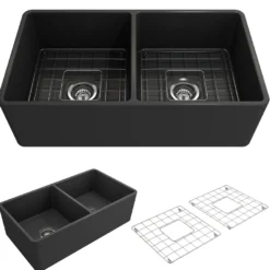 BOCCHI Classico 33" Fireclay Farmhouse Apron 50/50 Double Bowl Kitchen Sink, Matte Dark Gray, 1139-020-0120