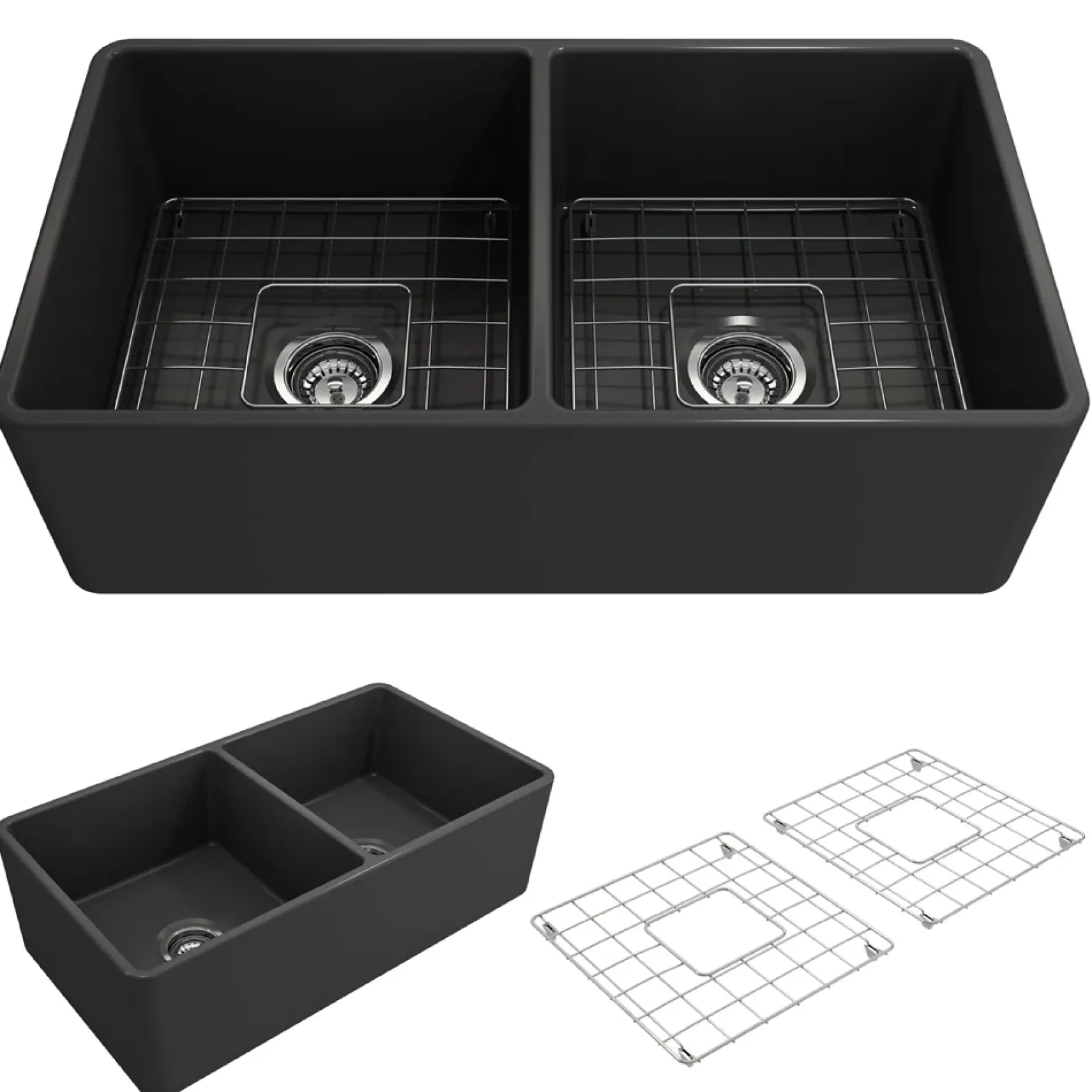 BOCCHI Classico 33" Fireclay Farmhouse Apron 50/50 Double Bowl Kitchen Sink, Matte Dark Gray, 1139-020-0120