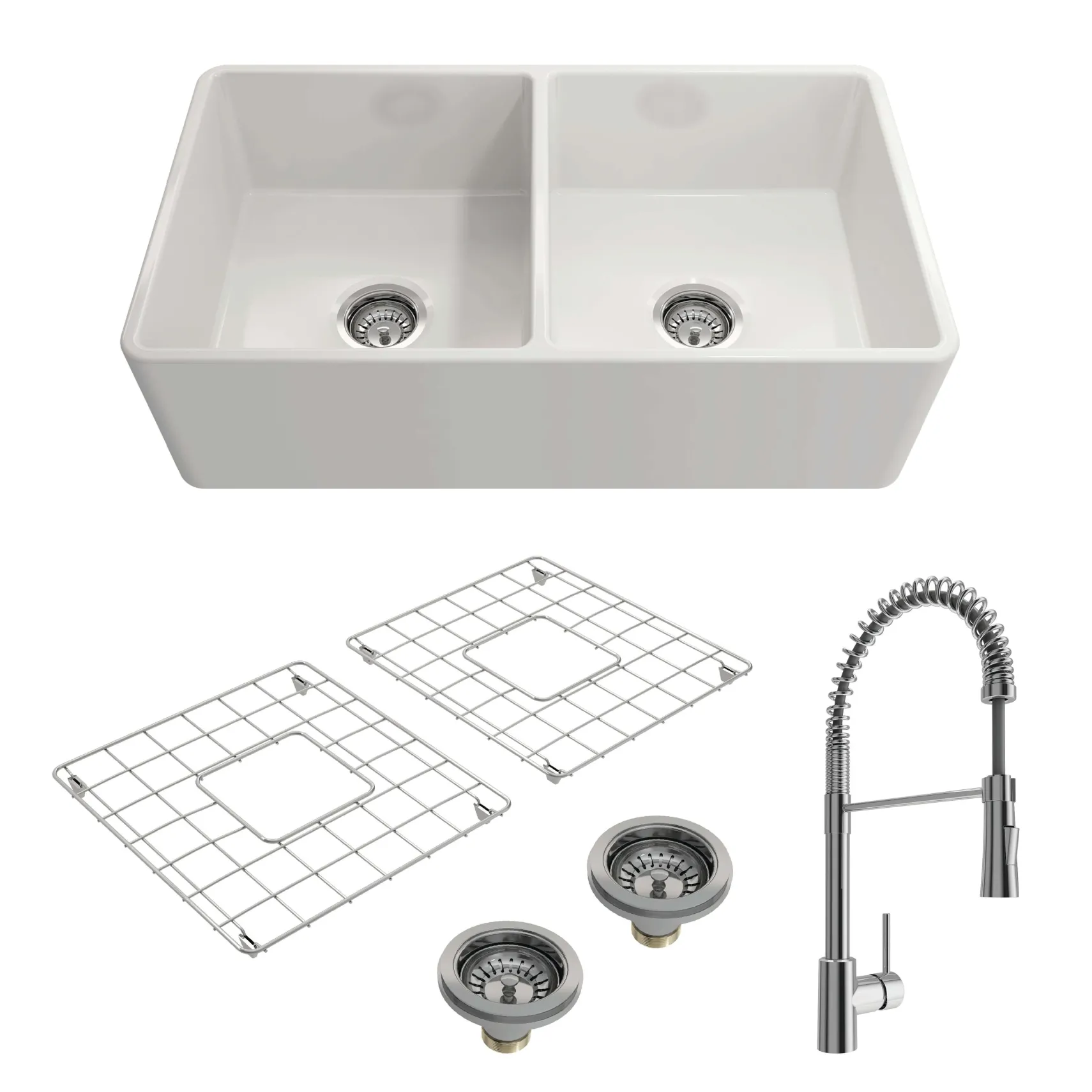 BOCCHI Classico 33" Fireclay Farmhouse Sink Kit with Faucet and Accessories, 50/50 Double Bowl, White (sink) / Chrome (faucet), 1139-001-2020CH