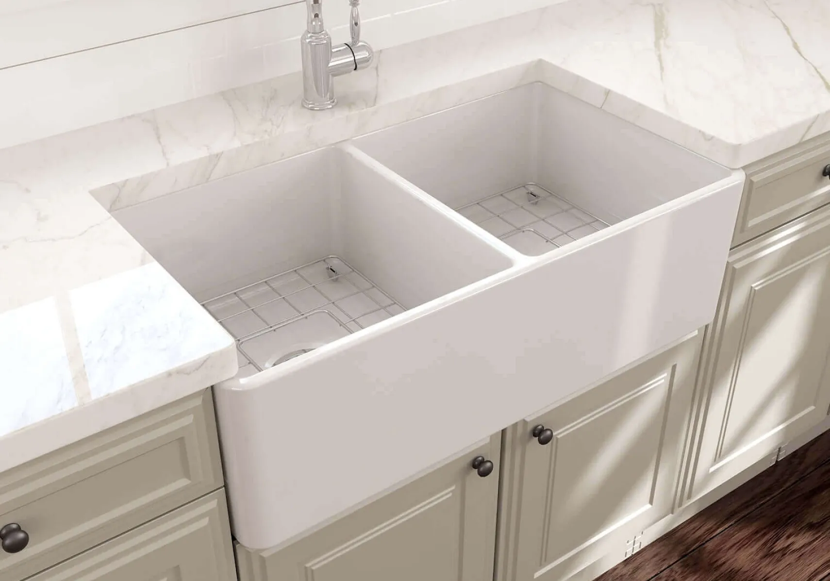 BOCCHI Classico 33" Fireclay Farmhouse Sink Kit with Faucet and Accessories, 50/50 Double Bowl, White (sink) / Chrome (faucet), 1139-001-2020CH