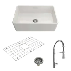 BOCCHI Classico 30" Fireclay Farmhouse Sink Kit with Faucet and Accessories, White (sink) / Chrome (faucet), 1138-001-2020CH