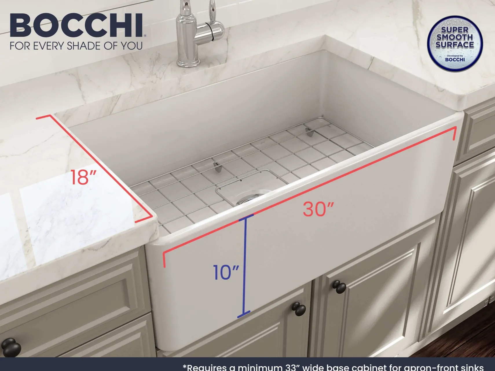 BOCCHI Classico 30" Fireclay Farmhouse Sink Kit with Faucet and Accessories, White (sink) / Chrome (faucet), 1138-001-2020CH
