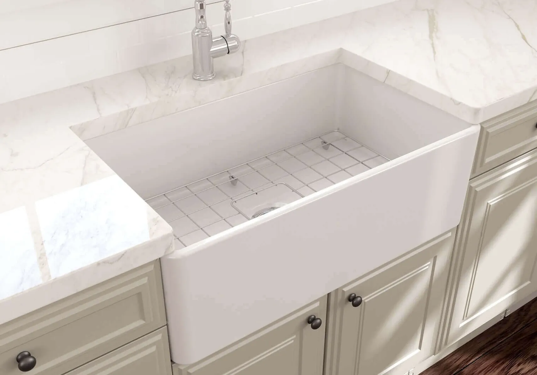 BOCCHI Classico 30" Fireclay Farmhouse Sink Kit with Faucet and Accessories, White (sink) / Chrome (faucet), 1138-001-2020CH