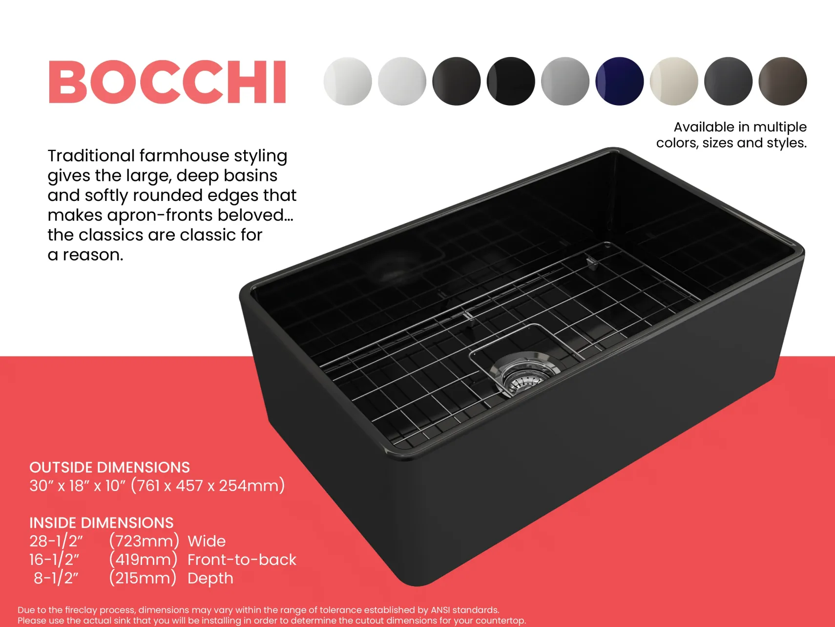 BOCCHI Classico 30" Fireclay Farmhouse Apron Single Bowl Kitchen Sink, Black, 1138-005-0120