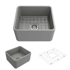 BOCCHI Classico 20" Fireclay Farmhouse Apron Single Bowl Kitchen Sink, Matte Gray, 1136-006-0120