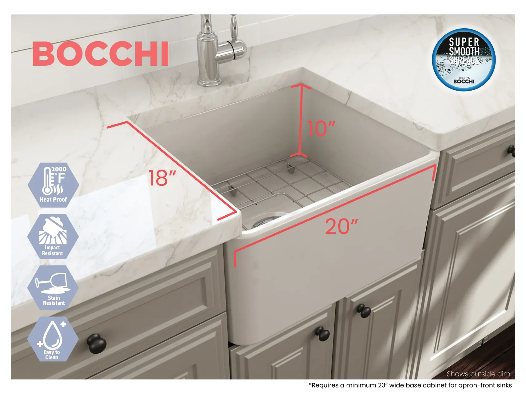 BOCCHI Classico 20" Fireclay Farmhouse Apron Single Bowl Kitchen Sink, Biscuit, 1136-014-0120