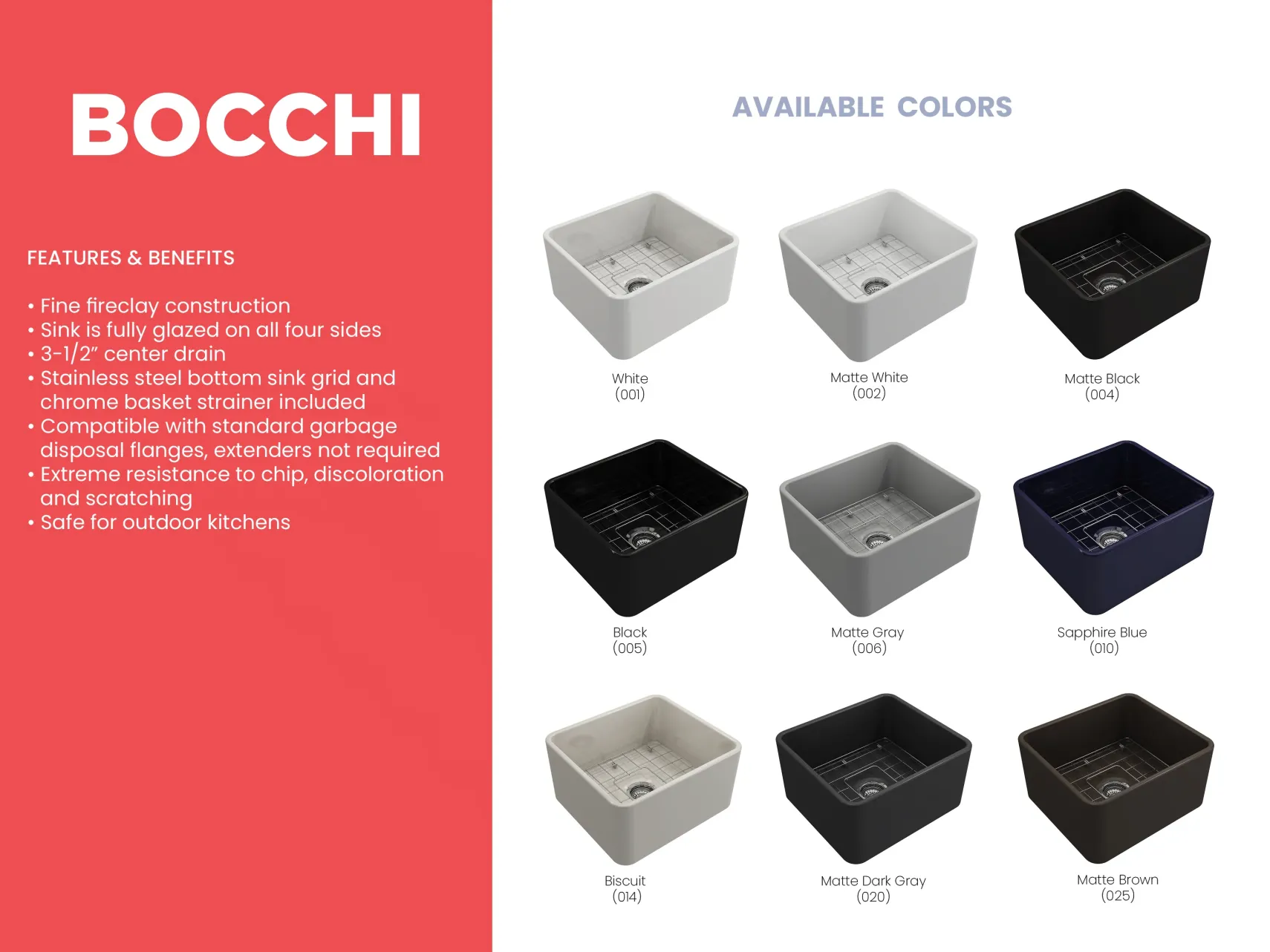 BOCCHI Classico 20" Fireclay Farmhouse Apron Single Bowl Kitchen Sink, Biscuit, 1136-014-0120