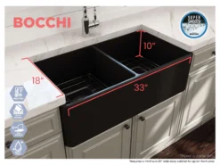 BOCCHI Classico 33" Matte Black Fireclay Farmhouse Sink Kit with Matte Black Faucet and Accessories, 50/50 Double Bowl, 1139-004-2020MB