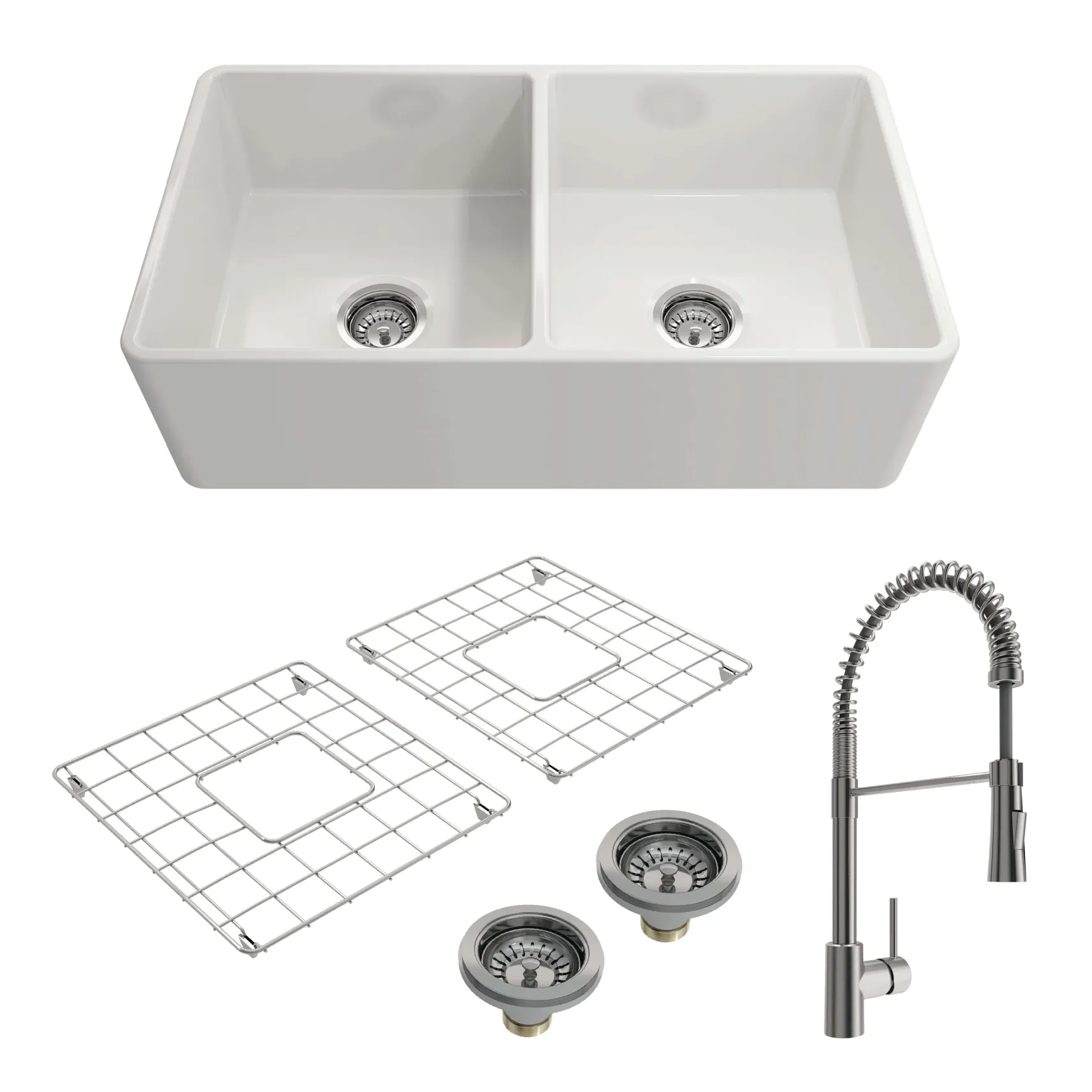 BOCCHI Classico 33" White Fireclay Farmhouse Sink Kit with Stainless Steel Faucet and Accessories, 50/50 Double Bowl, 1139-001-2020SS