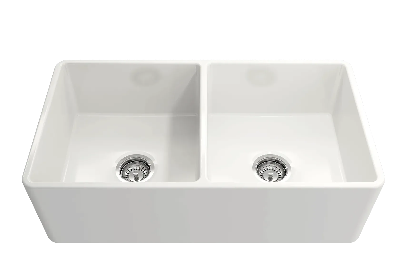BOCCHI Classico 33" White Fireclay Farmhouse Sink Kit with Stainless Steel Faucet and Accessories, 50/50 Double Bowl, 1139-001-2020SS