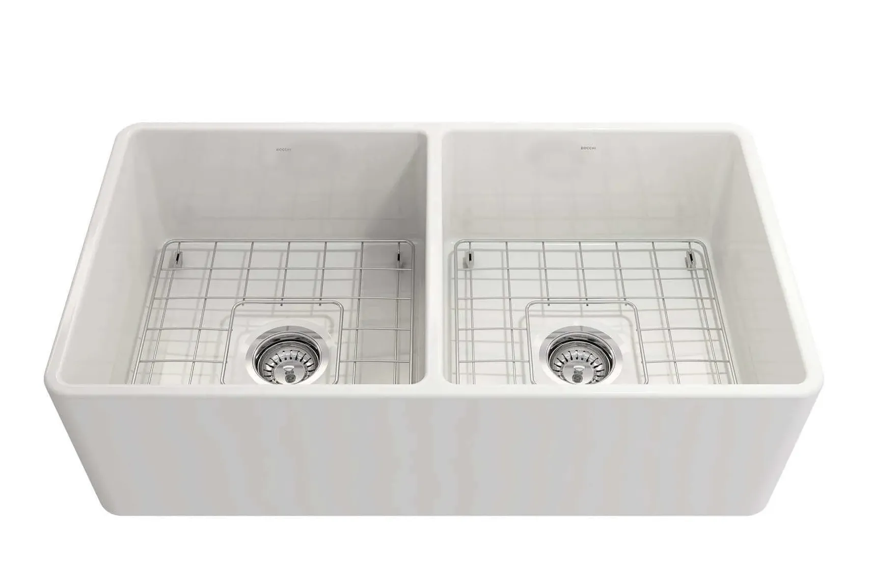BOCCHI Classico 33" White Fireclay Farmhouse Sink Kit with Stainless Steel Faucet and Accessories, 50/50 Double Bowl, 1139-001-2020SS