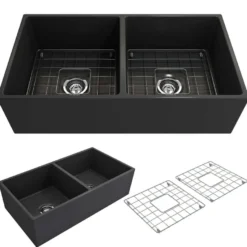 BOCCHI Contempo 36" Fireclay Farmhouse Apron 50/50 Double Bowl Kitchen Sink, Matte Dark Gray, 1350-020-0120