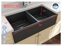 BOCCHI Contempo 36" Fireclay Farmhouse Apron 50/50 Double Bowl Kitchen Sink, Matte Dark Gray, 1350-020-0120