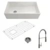 BOCCHI Contempo 36" Fireclay Farmhouse Sink Kit with Faucet and Accessories, White (sink) / Stainless Steel (faucet), 1354-001-2020SS
