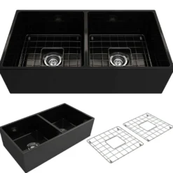 BOCCHI Contempo 36" Fireclay Farmhouse Apron 50/50 Double Bowl Kitchen Sink, Matte Black, 1350-004-0120