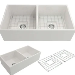 BOCCHI Contempo 36" Fireclay Farmhouse Apron 50/50 Double Bowl Kitchen Sink, White, 1350-001-0120