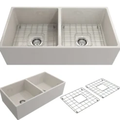 BOCCHI Contempo 36" Fireclay Farmhouse Apron 50/50 Double Bowl Kitchen Sink, Biscuit, 1350-014-0120