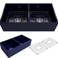 BOCCHI Contempo 36" Fireclay Farmhouse Apron 50/50 Double Bowl Kitchen Sink, Sapphire Blue, 1350-010-0120