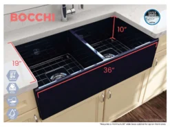 BOCCHI Contempo 36" Fireclay Farmhouse Apron 50/50 Double Bowl Kitchen Sink, Sapphire Blue, 1350-010-0120