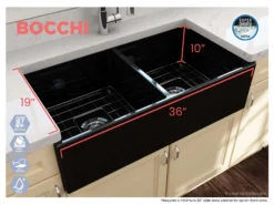 BOCCHI Contempo 36" Fireclay Farmhouse Apron 50/50 Double Bowl Kitchen Sink, Black, 1350-005-0120