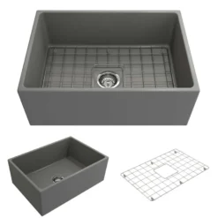 BOCCHI Contempo 27" Fireclay Farmhouse Apron Single Bowl Kitchen Sink, Matte Gray, 1356-006-0120