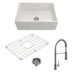 BOCCHI Contempo 27" Fireclay Farmhouse Sink Kit with Faucet and Accessories, White (sink) / Stainless Steel (faucet), 1356-001-2020SS