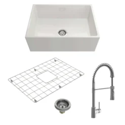 BOCCHI Contempo 27" Fireclay Farmhouse Sink Kit with Faucet and Accessories, White (sink) / Chrome (faucet), 1356-001-2020CH