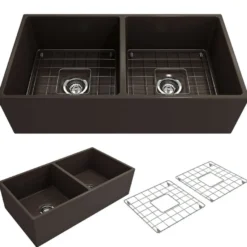 BOCCHI Contempo 36" Fireclay Farmhouse Apron 50/50 Double Bowl Kitchen Sink, Matte Brown, 1350-025-0120