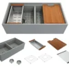 BOCCHI Contempo 36" Fireclay Workstation Farmhouse Sink with Accessories, 50/50 Double Bowl, Matte Gray, 1348-006-0120