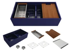 BOCCHI Contempo 36" Fireclay Workstation Farmhouse Sink with Accessories, 50/50 Double Bowl, Sapphire Blue, 1348-010-0120